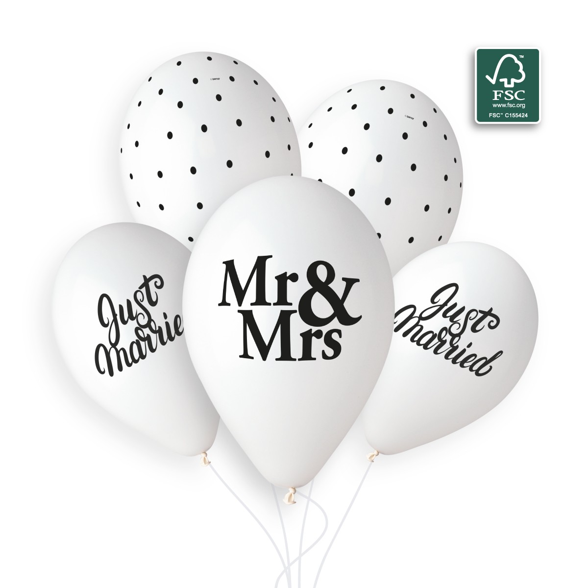 100% FSC-Certified NRL Balloons Just married + Mr&Mrs + Chic dots Black